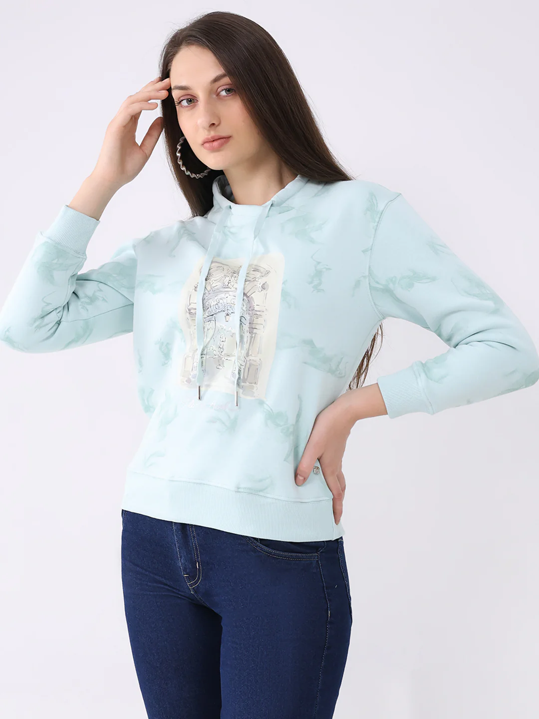 Women Blue Printed Mock Neck Full Sleeve Sweatshirt - Image 3