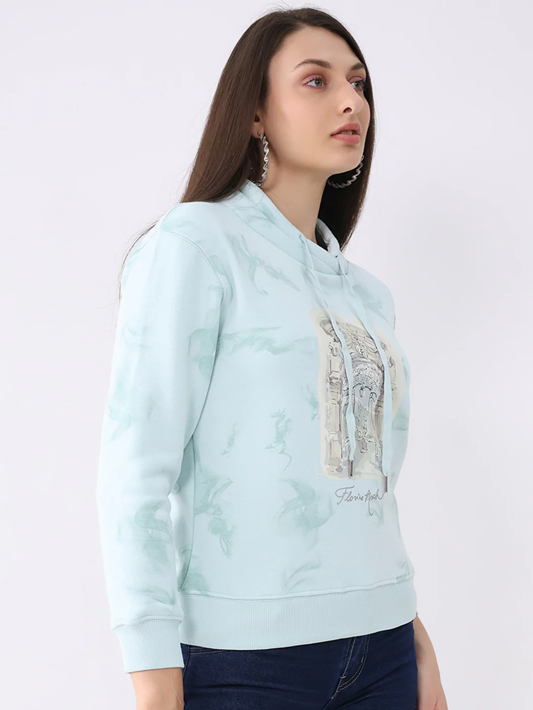 Women Blue Printed Mock Neck Full Sleeve Sweatshirt - Image 4