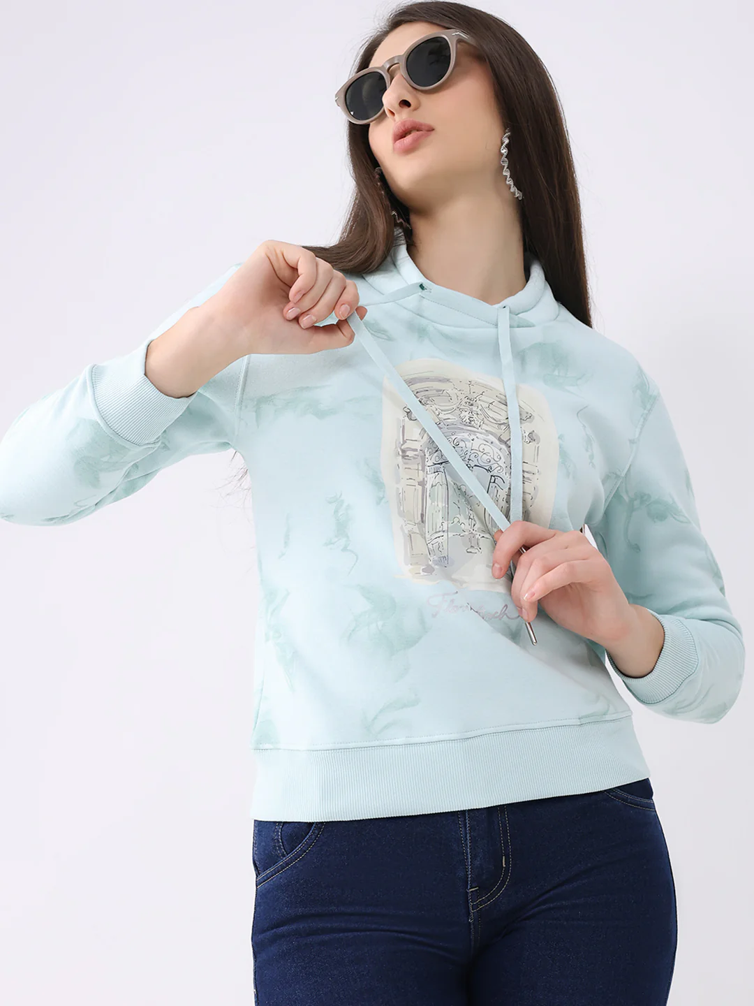 Women Blue Printed Mock Neck Full Sleeve Sweatshirt - Image 6