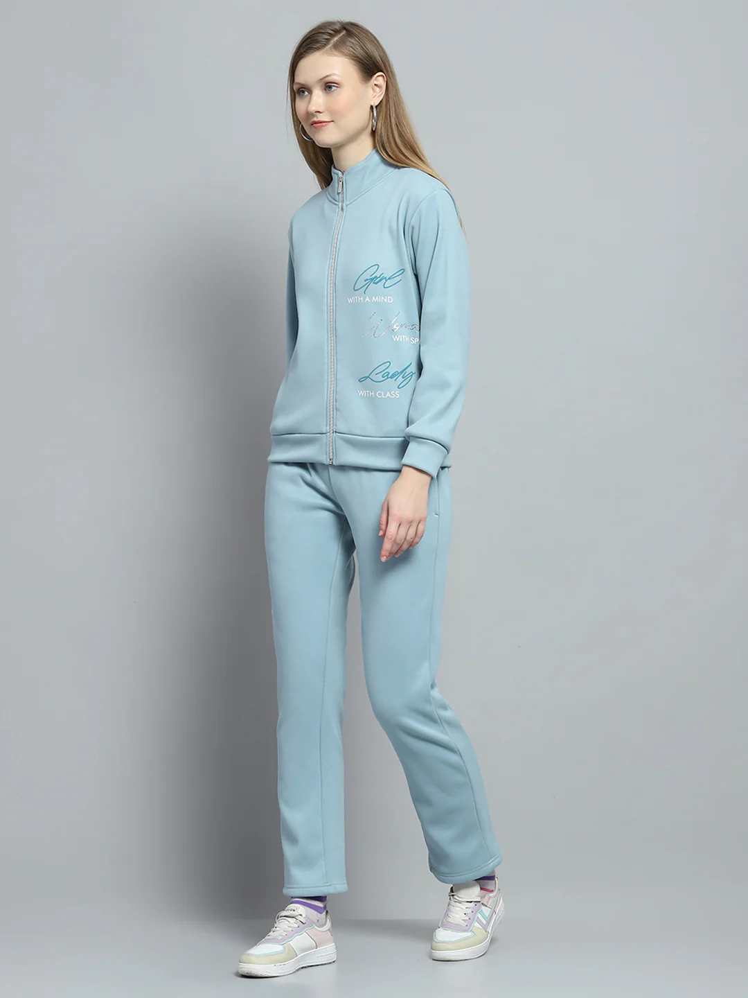 Women Blue Printed Mock Neck Full Sleeve Tracksuit - Image 3