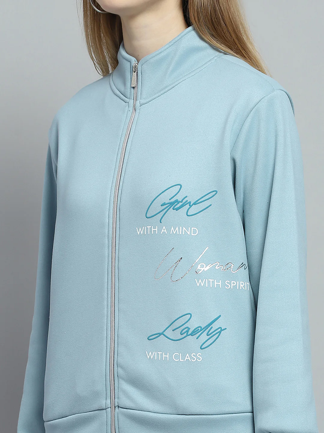 Women Blue Printed Mock Neck Full Sleeve Tracksuit - Image 6