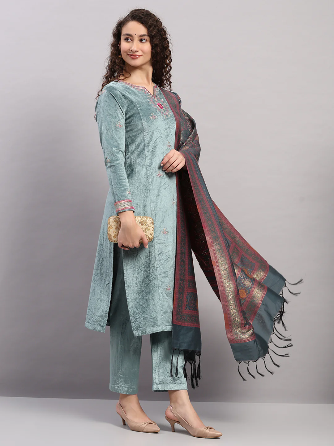 Women Blue Printed Round Neck Full Sleeve 3 Pc Kurti Set for Winter - Image 2