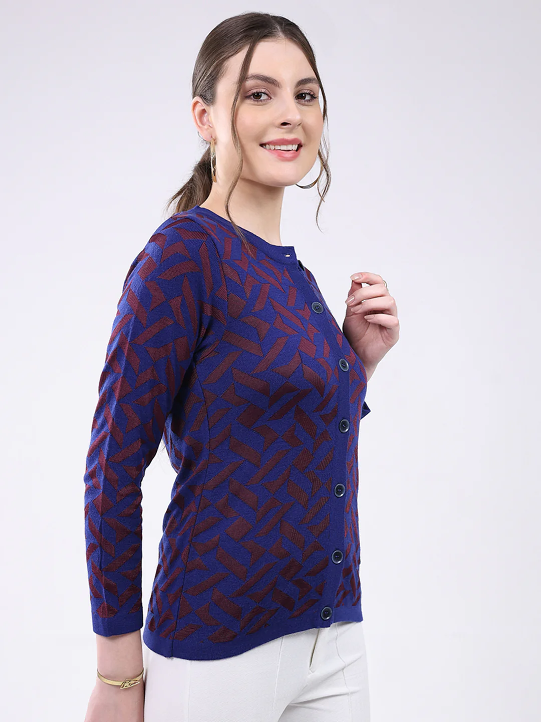 Women Blue Printed Round Neck Full Sleeve Cardigan - Image 4