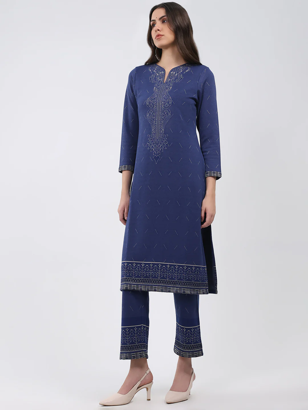 Women Blue Printed Round Neck Full Sleeve Kurti Set for Winter - Image 3