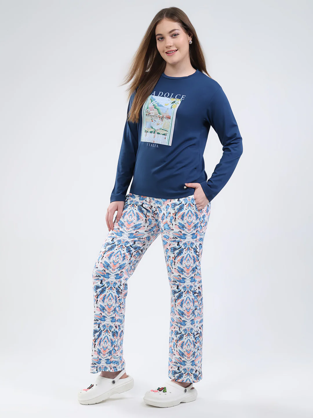 Women Blue Printed Round Neck Full Sleeve Lower Set - Image 3