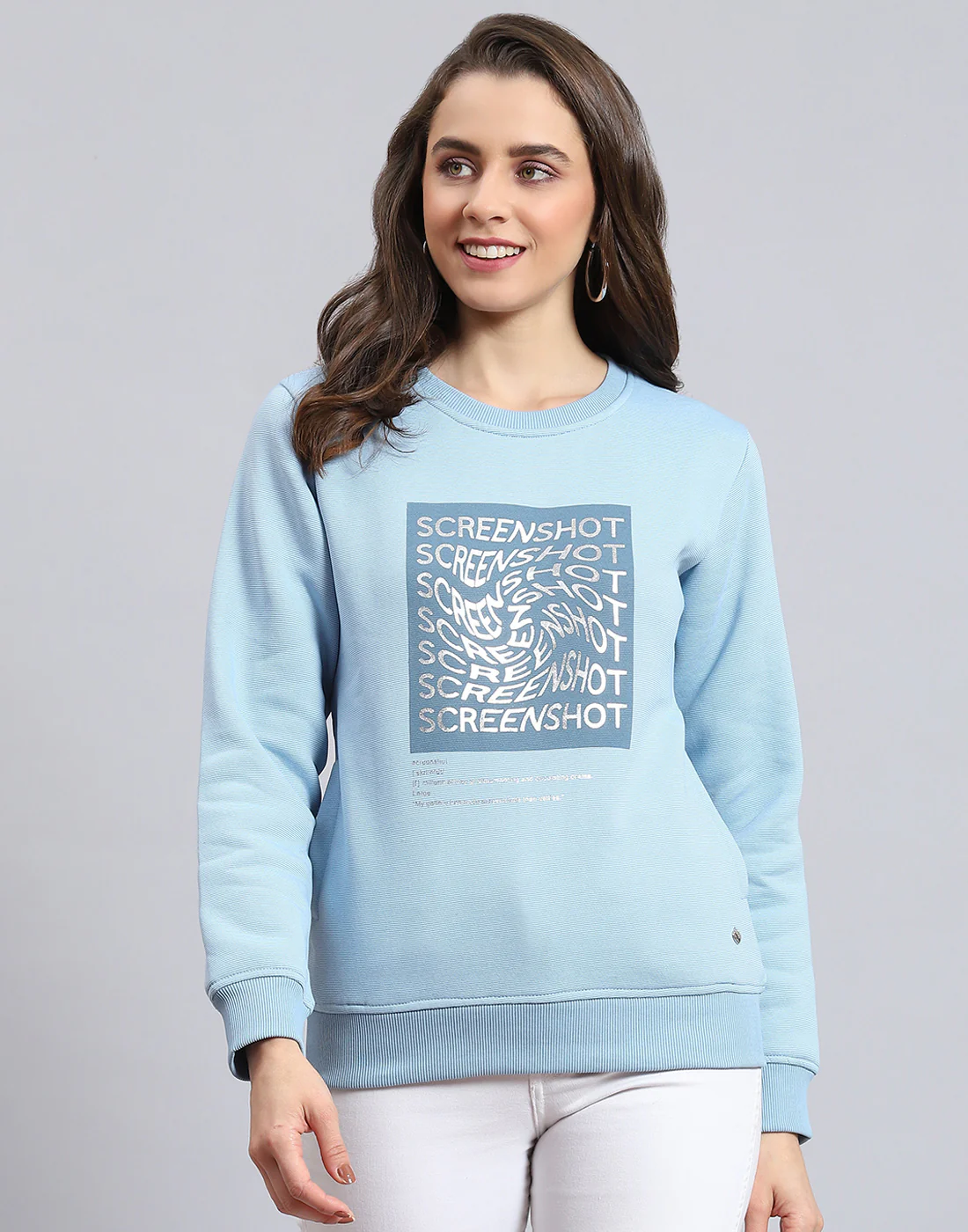 Women Blue Printed Round Neck Full Sleeve Sweatshirt - Image 3