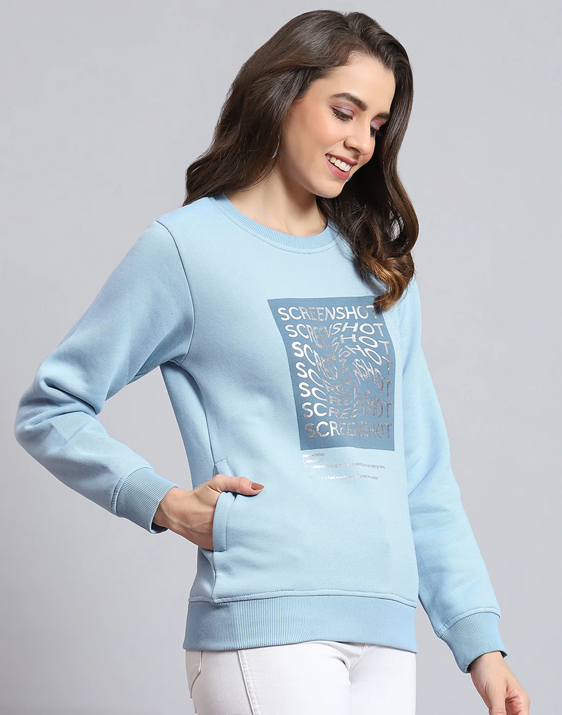 Women Blue Printed Round Neck Full Sleeve Sweatshirt - Image 5