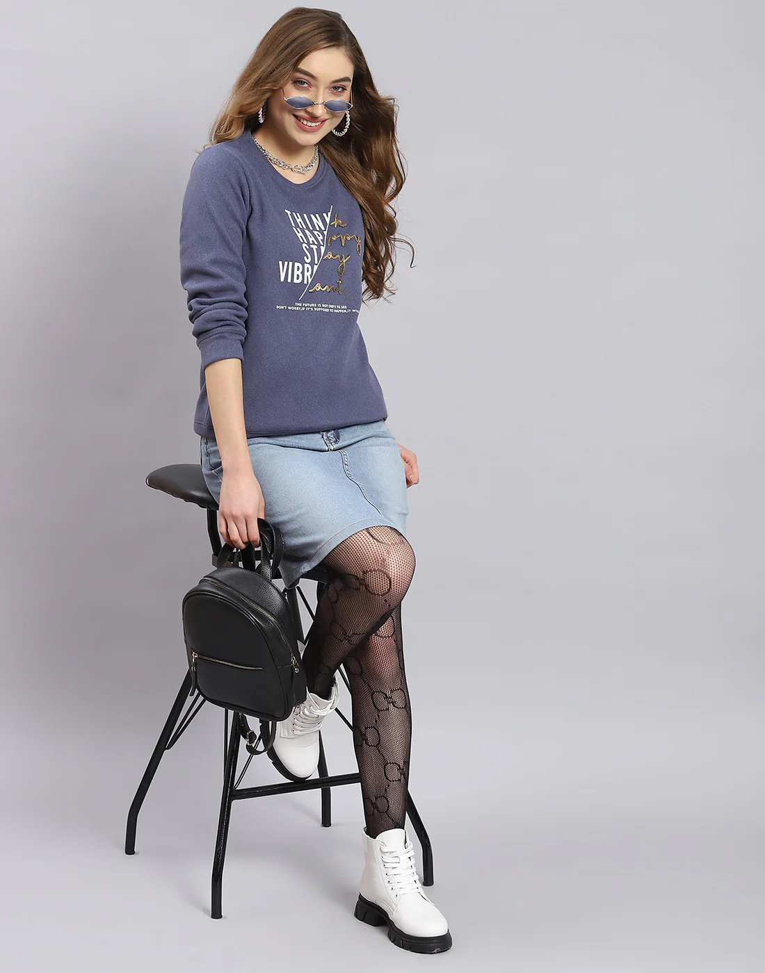 Women Blue Printed Round Neck Full Sleeve Sweatshirt - Image 2