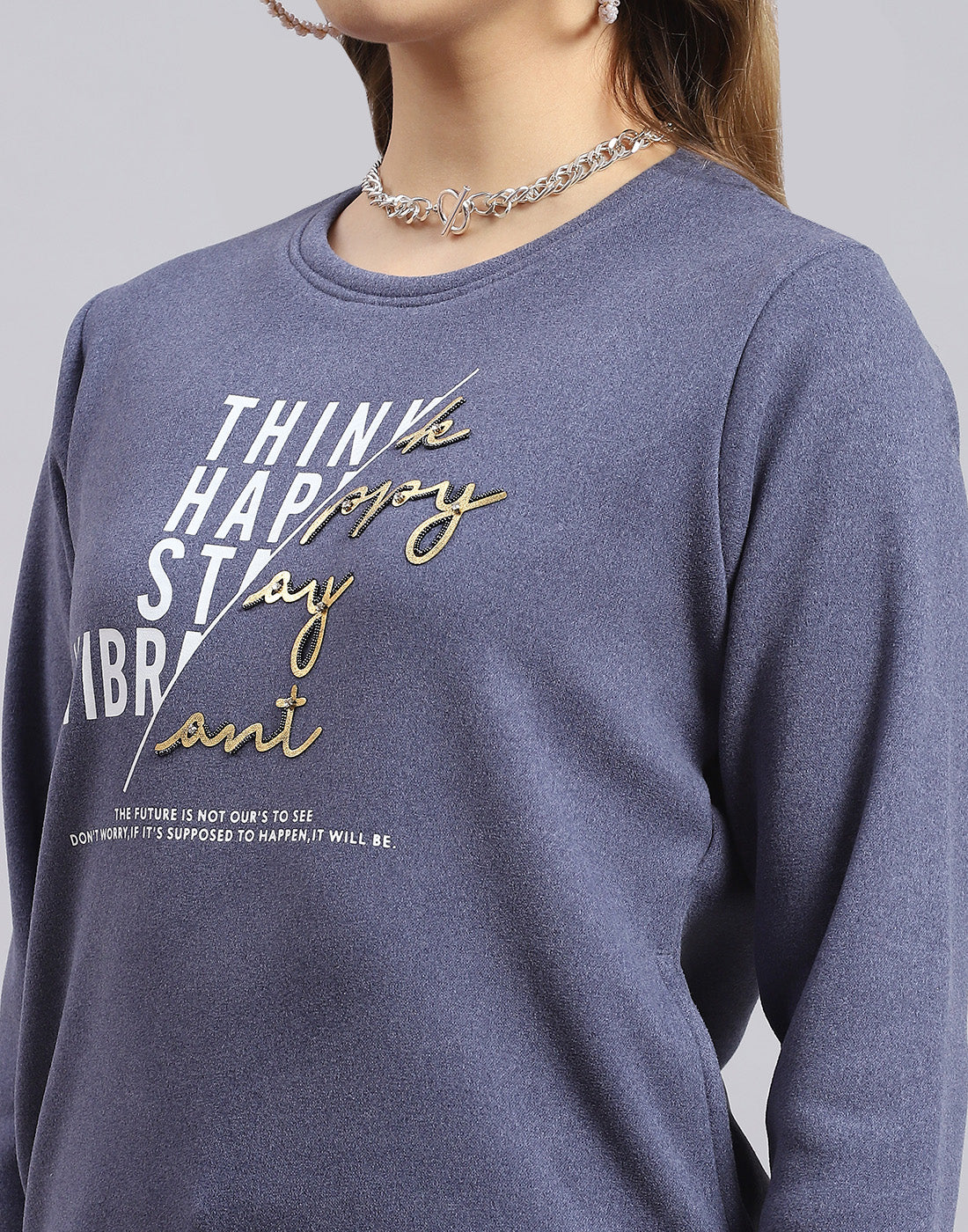 Women Blue Printed Round Neck Full Sleeve Sweatshirt - Image 7