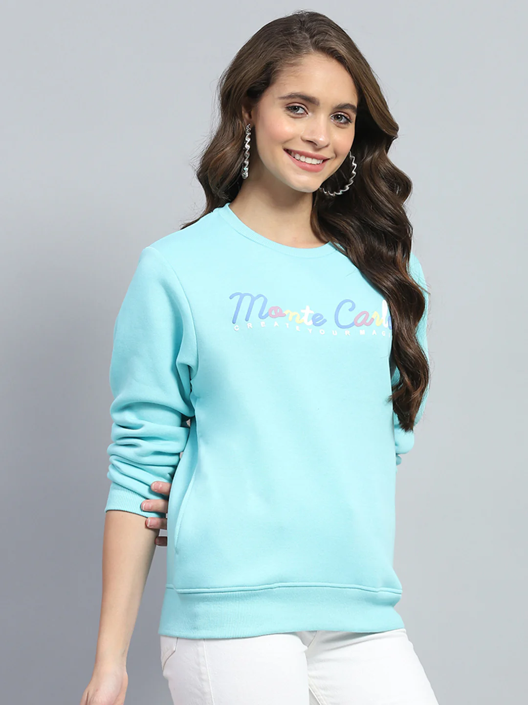 Women Blue Printed Round Neck Full Sleeve Sweatshirt - Image 4