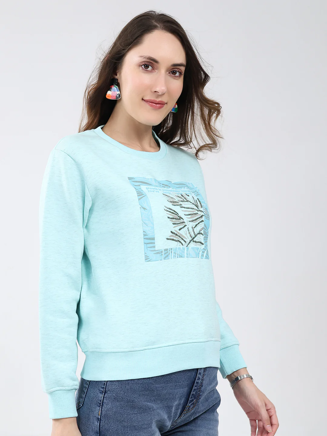Women Blue Printed Round Neck Full Sleeve Sweatshirt - Image 4