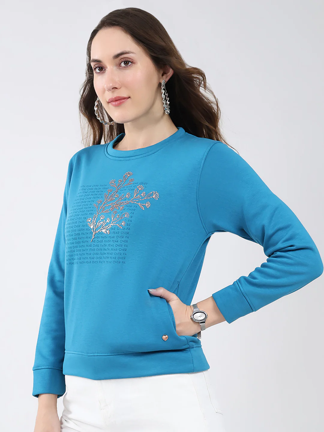 Women Blue Printed Round Neck Full Sleeve Sweatshirt - Image 3