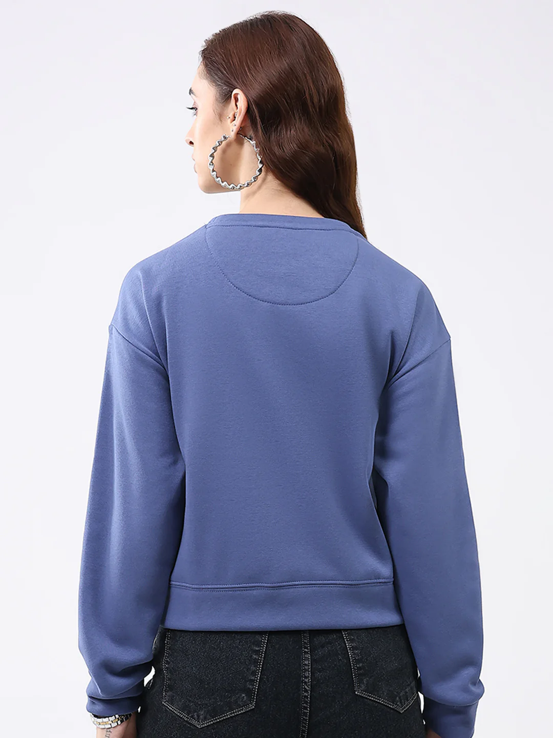 Women Blue Printed Round Neck Full Sleeve Sweatshirt - Image 5