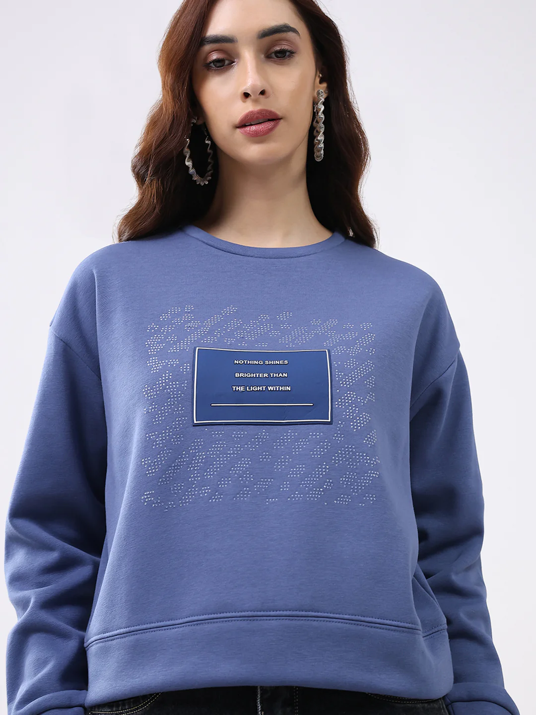 Women Blue Printed Round Neck Full Sleeve Sweatshirt - Image 7