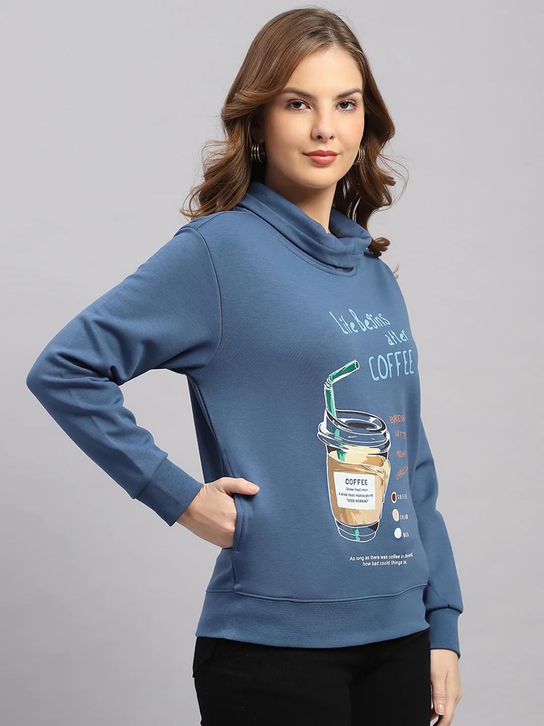 Women Blue Printed Round Neck Full Sleeve Sweatshirt - Image 4