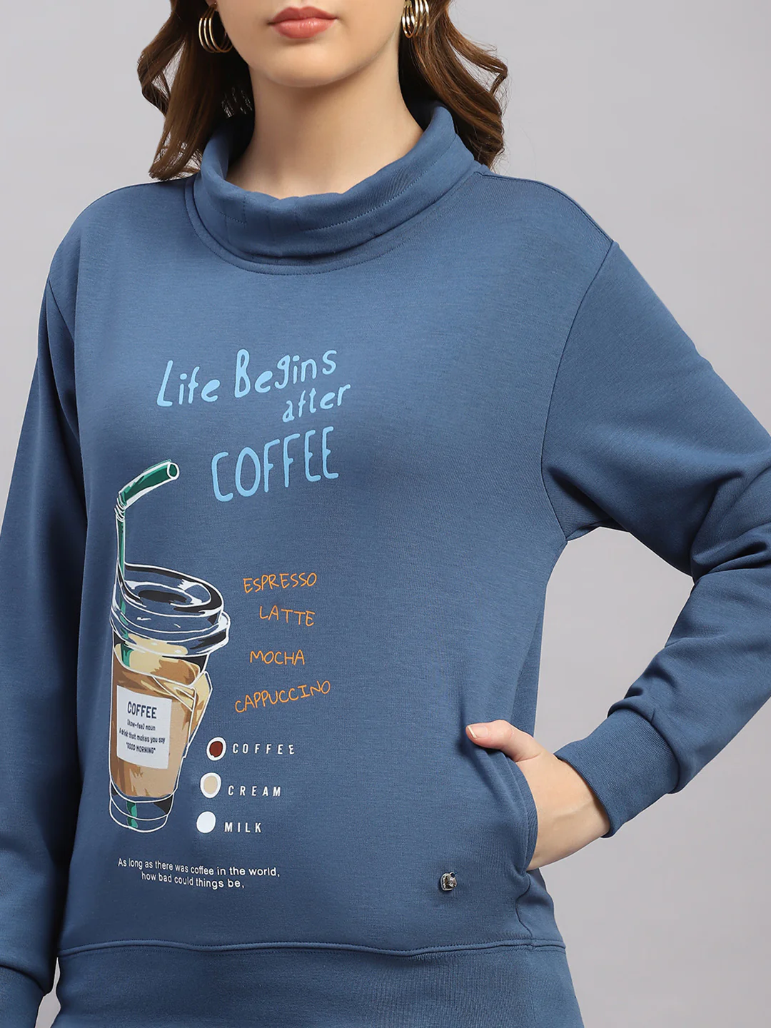 Women Blue Printed Round Neck Full Sleeve Sweatshirt - Image 6