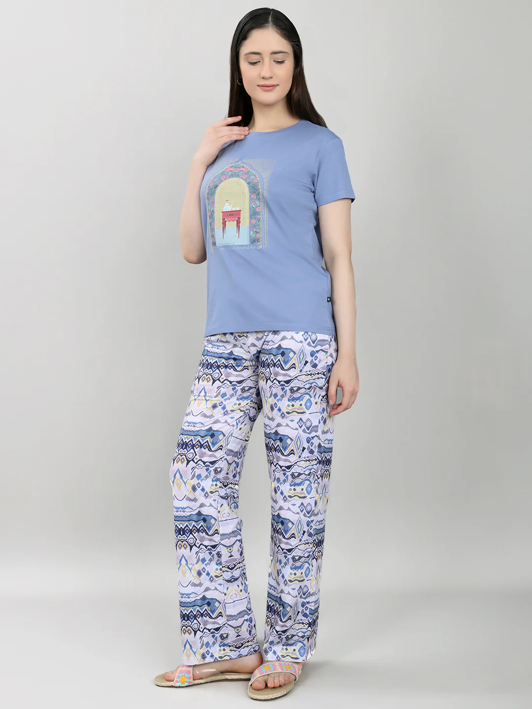Women Blue Printed Round Neck Half Sleeve Lower Set - Image 2