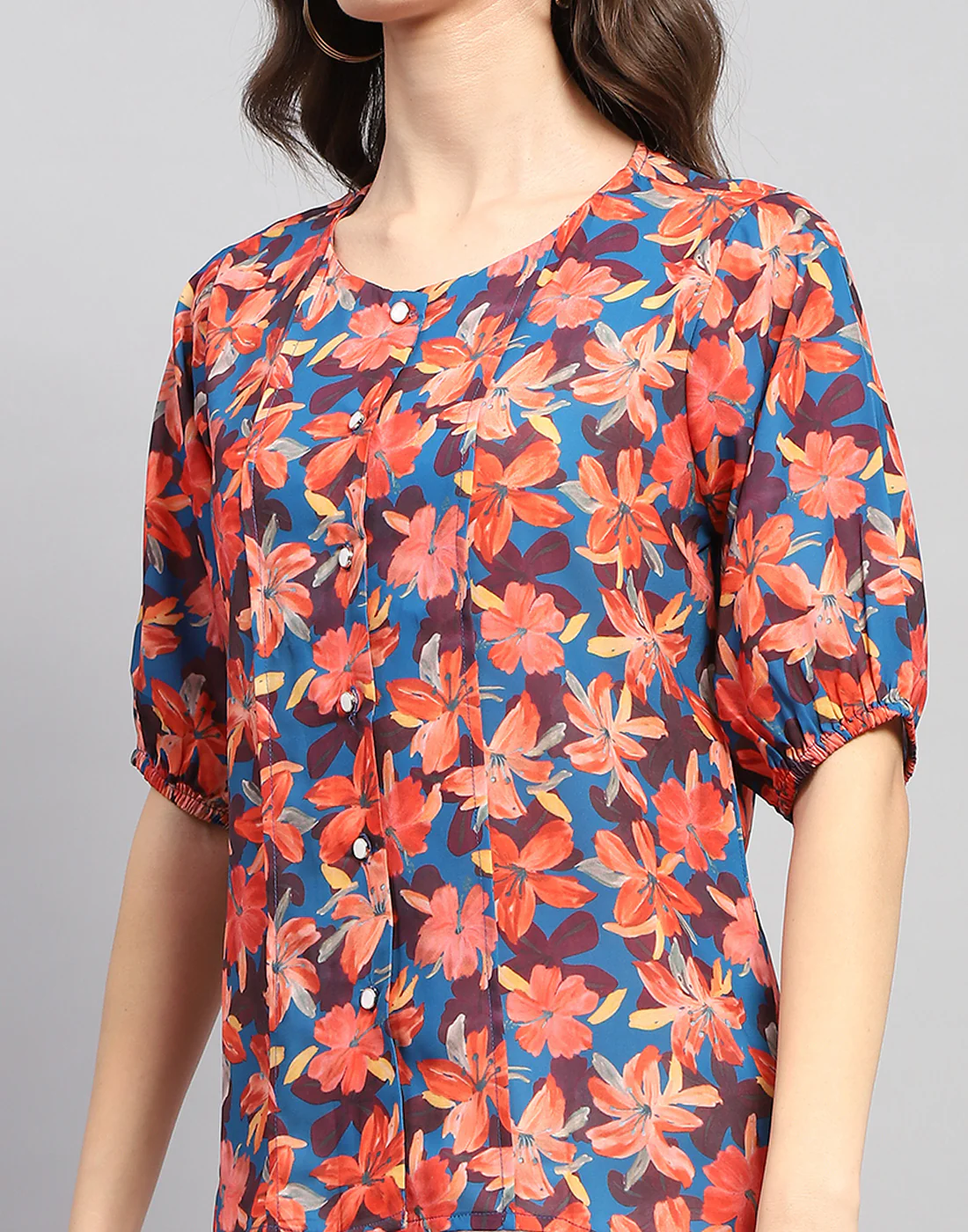 Women Blue Printed Round Neck Half Sleeve Top - Image 6