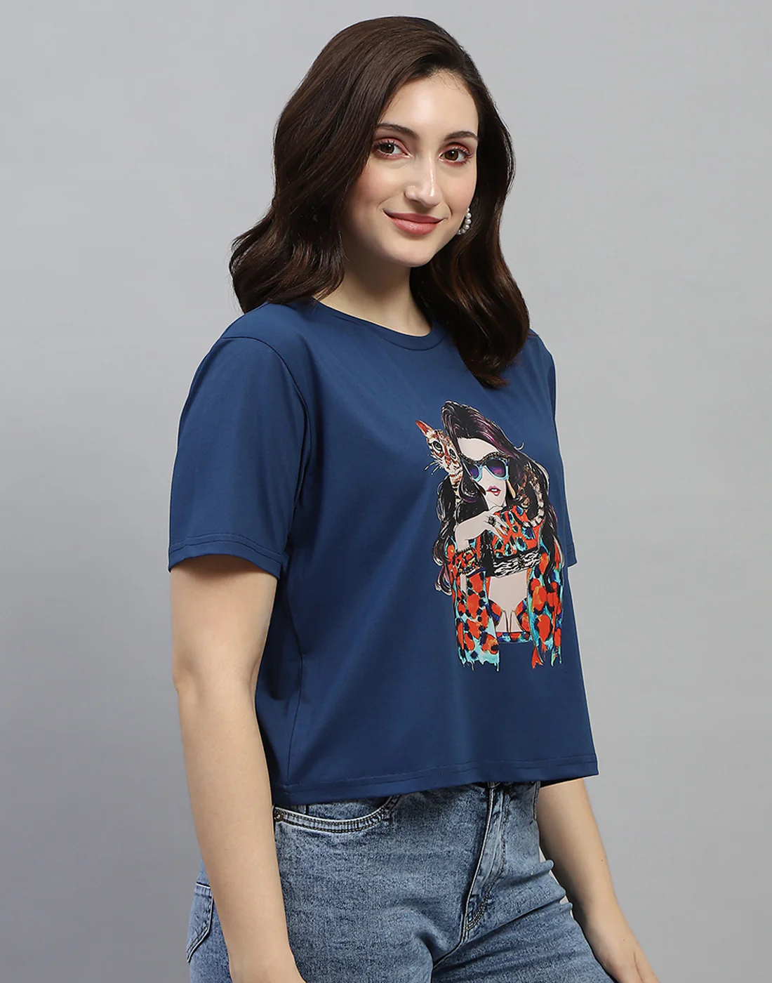 Women Blue Printed Round Neck Half Sleeve Top - Image 4