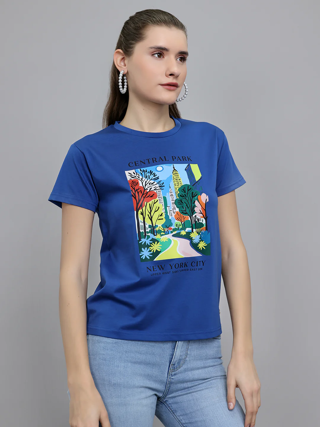 Women Blue Printed Round Neck Half Sleeve Top - Image 3