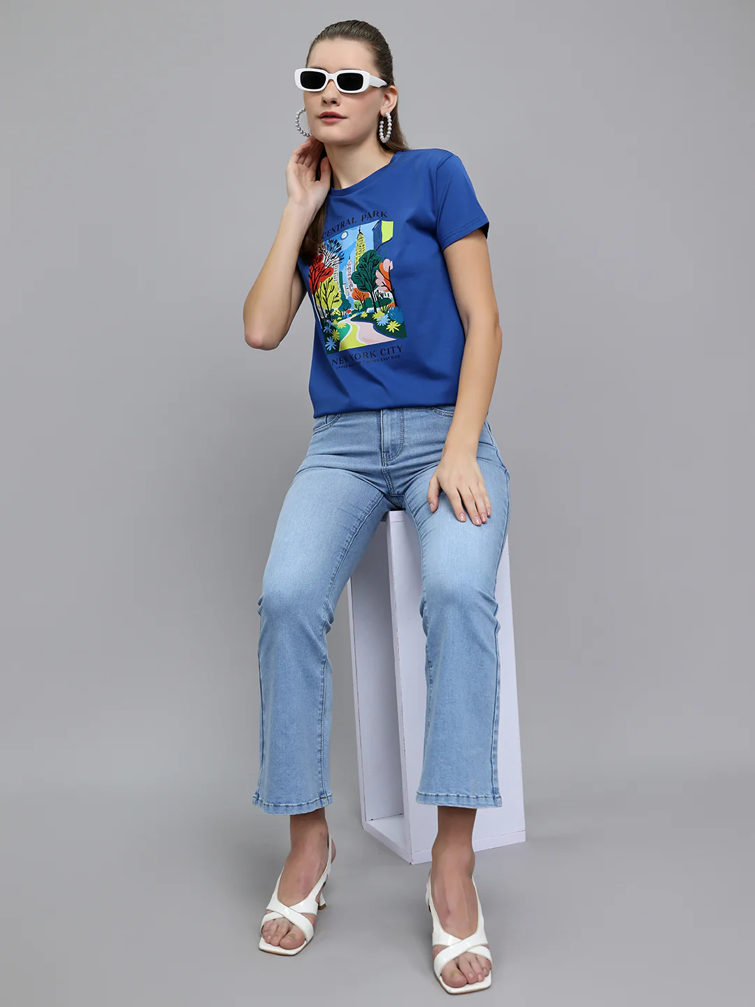 Women Blue Printed Round Neck Half Sleeve Top - Image 7