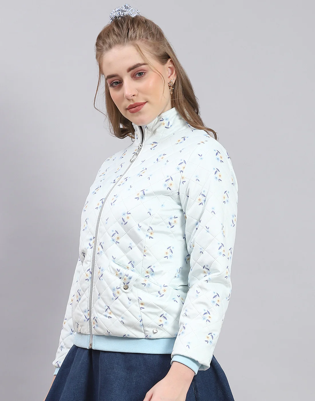 Women Blue Printed Stand Collar Full Sleeve Jacket - Image 3
