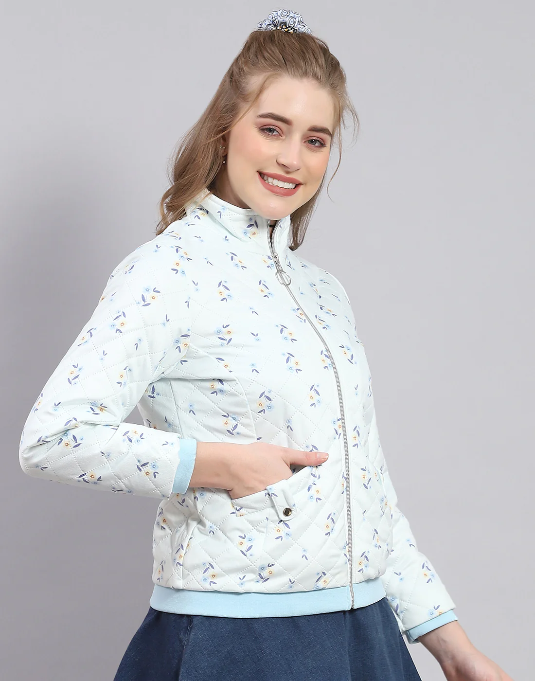 Women Blue Printed Stand Collar Full Sleeve Jacket - Image 4