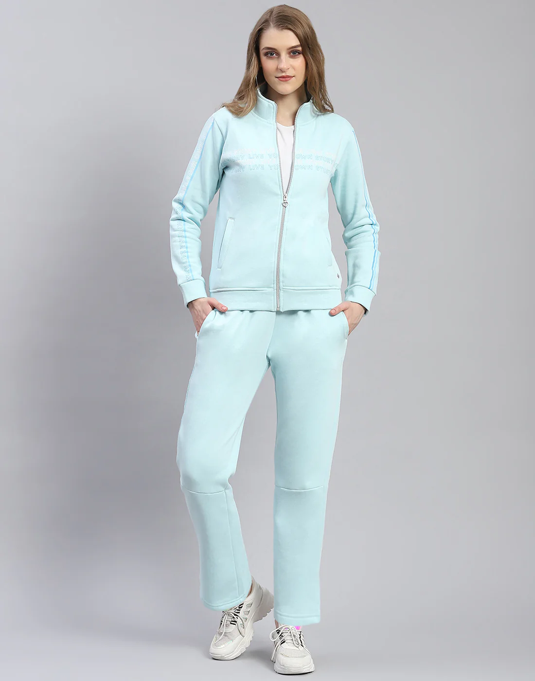 Women Blue Printed Stand Collar Full Sleeve Tracksuit - Image 2