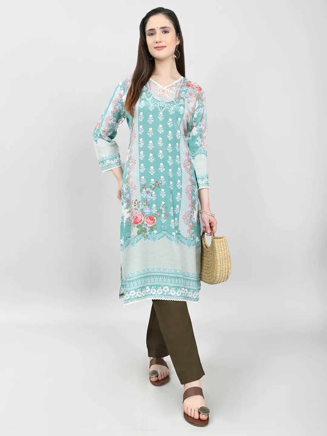 Women Blue Printed V Neck 3/4th Sleeve Kurti - Image 6