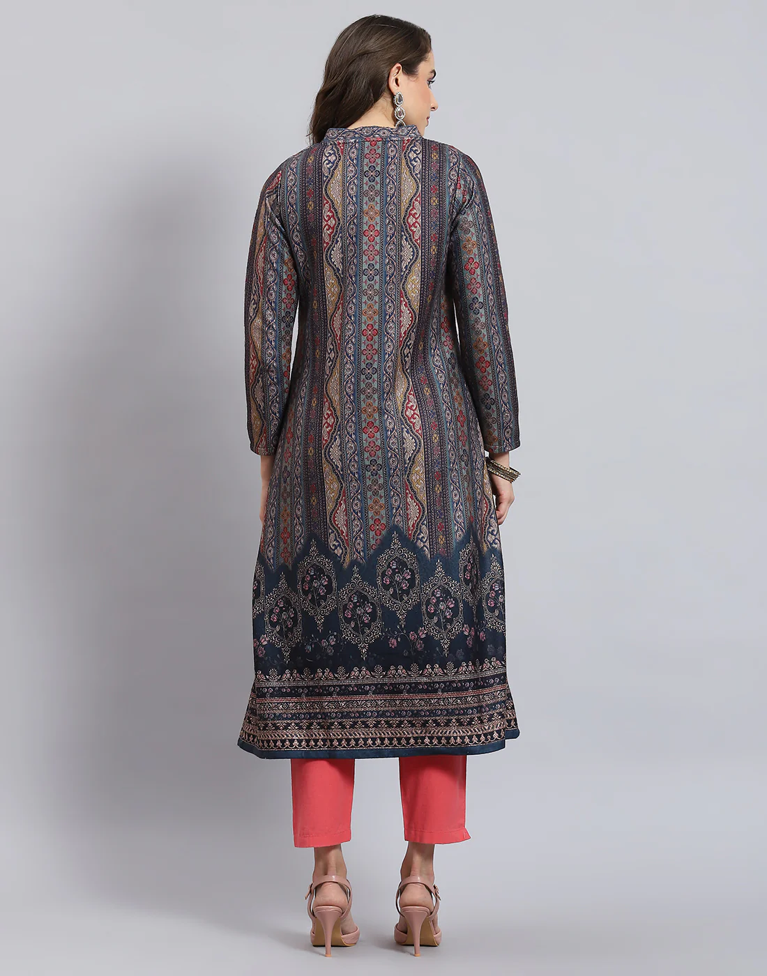 Women Teal Blue Printed V Neck Full Sleeve Kurti + Inner Set - Image 4