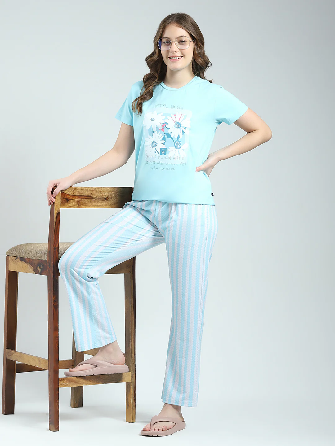 Women Blue Printed Round Neck Half Sleeve Lower Set - Image 2