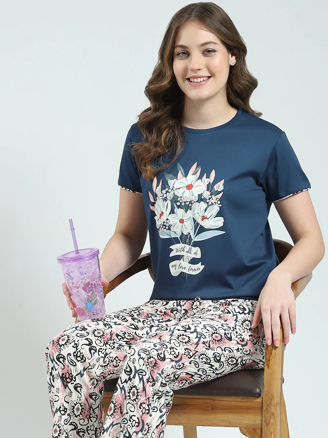 Women Blue Printed Round Neck Half Sleeve Lower Set - Image 6