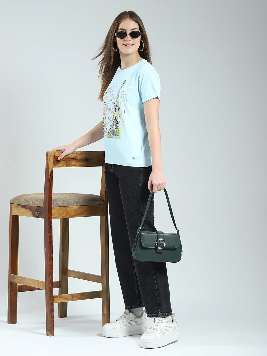 Women Blue Printed Round Neck Half Sleeve Top - Image 2