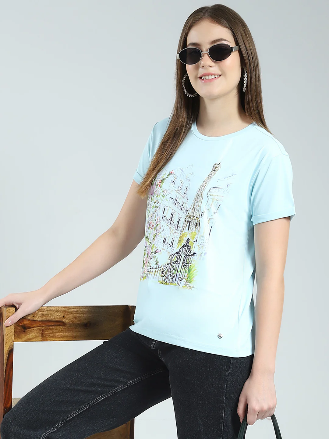 Women Blue Printed Round Neck Half Sleeve Top - Image 6