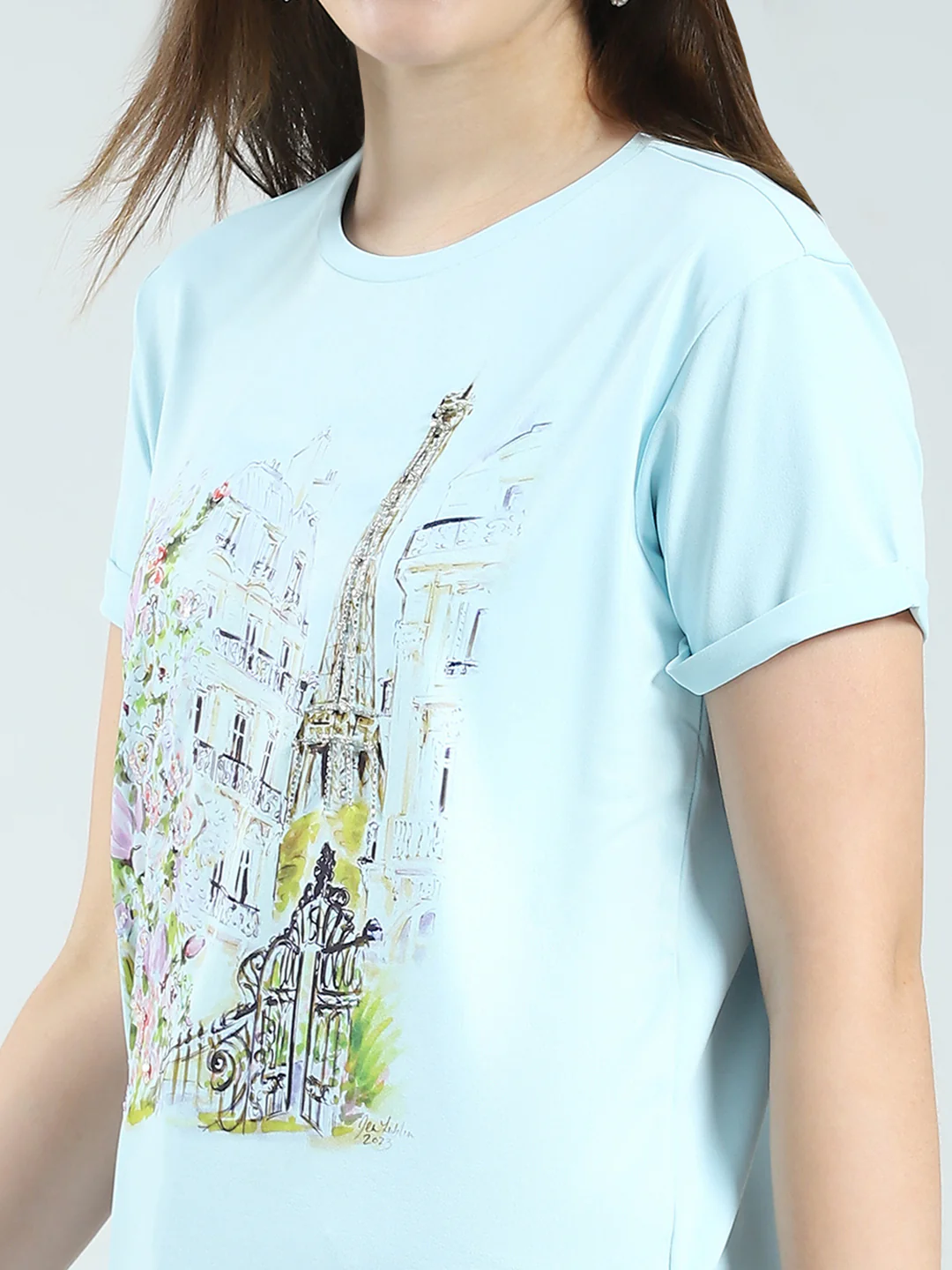Women Blue Printed Round Neck Half Sleeve Top - Image 7