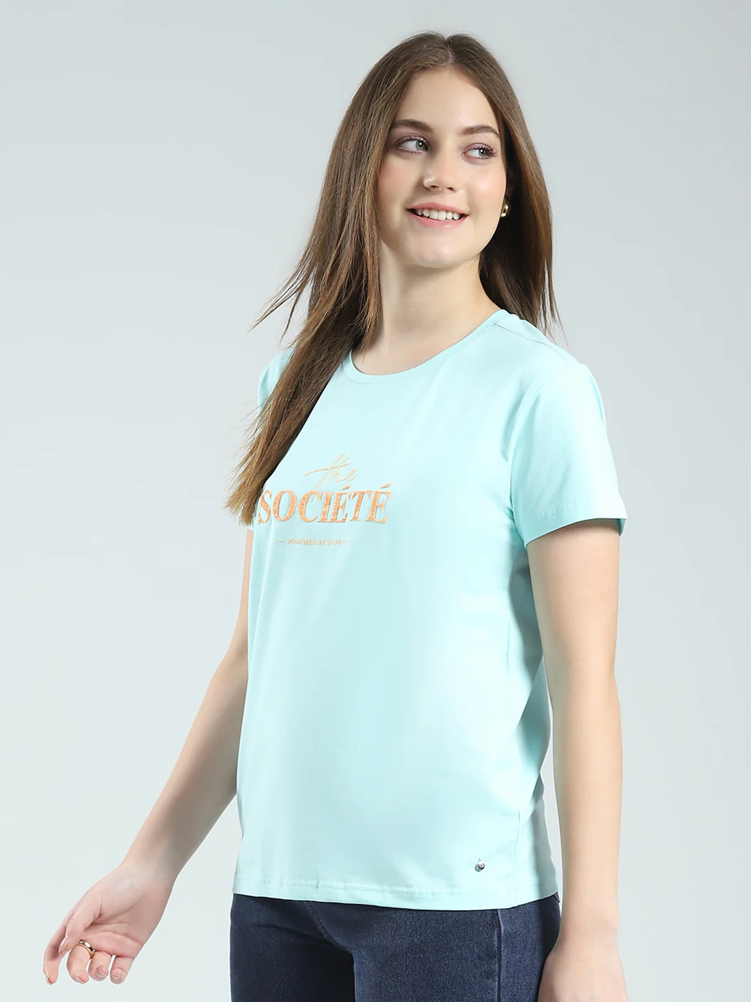 Women Blue Printed Round Neck Half Sleeve Top - Image 3