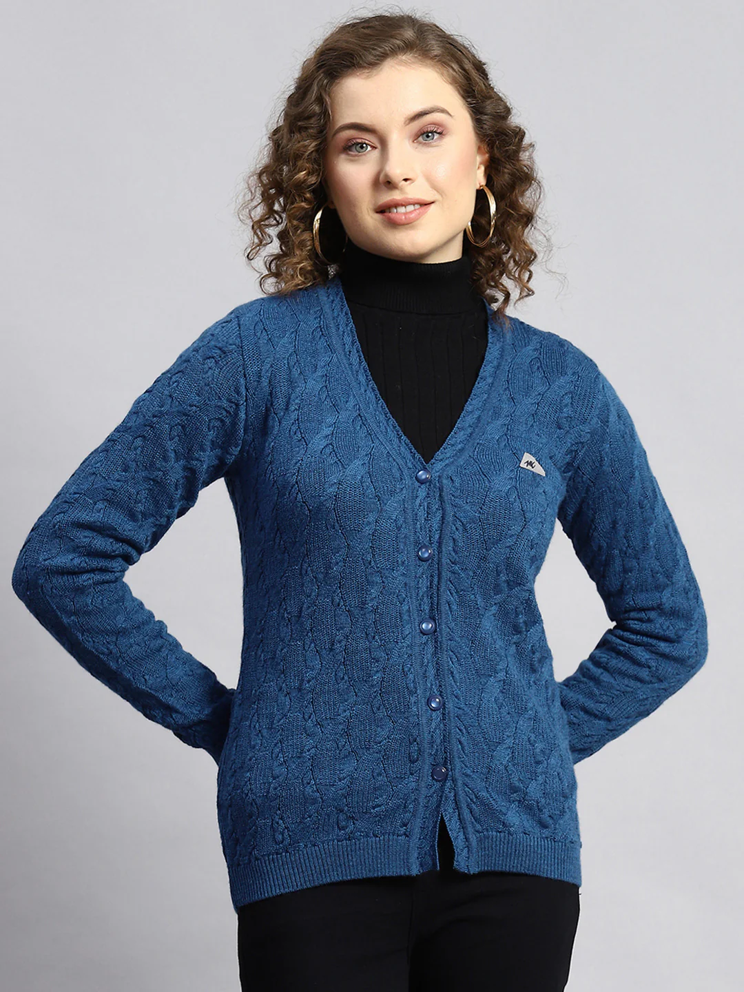 Women Blue Self Cardigan - Image 2
