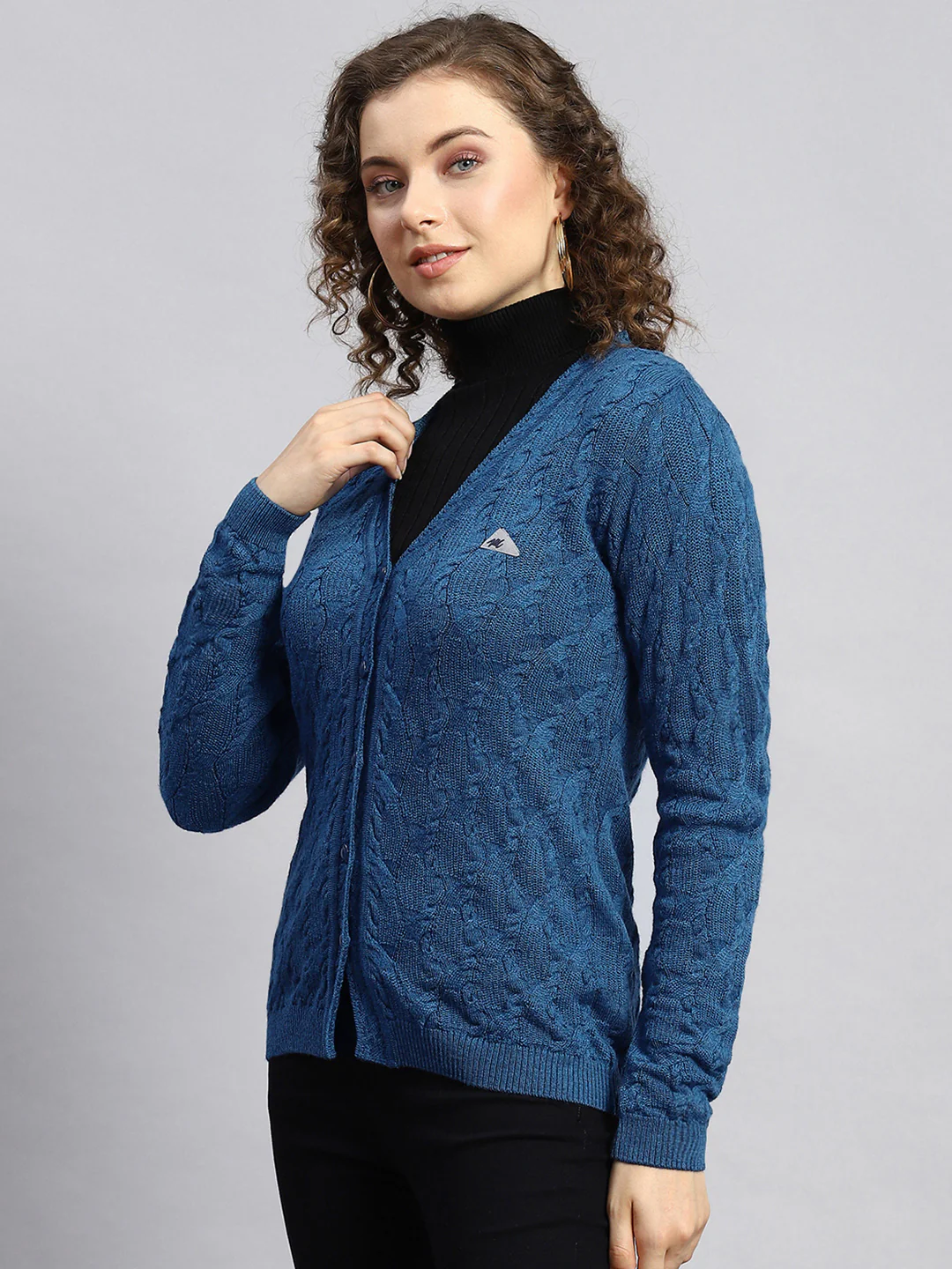 Women Blue Self Cardigan - Image 4