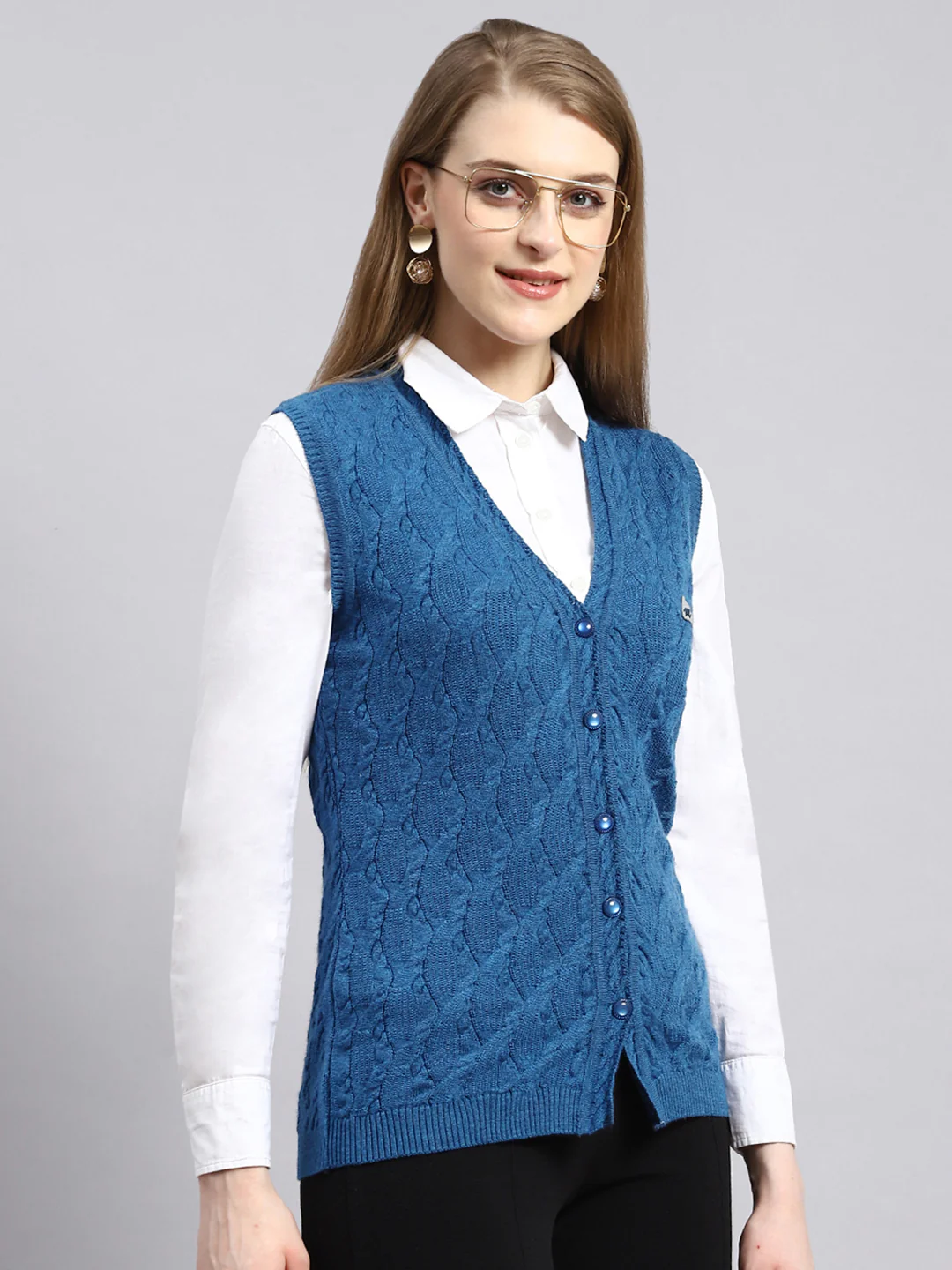 Women Blue Self Cardigan - Image 2