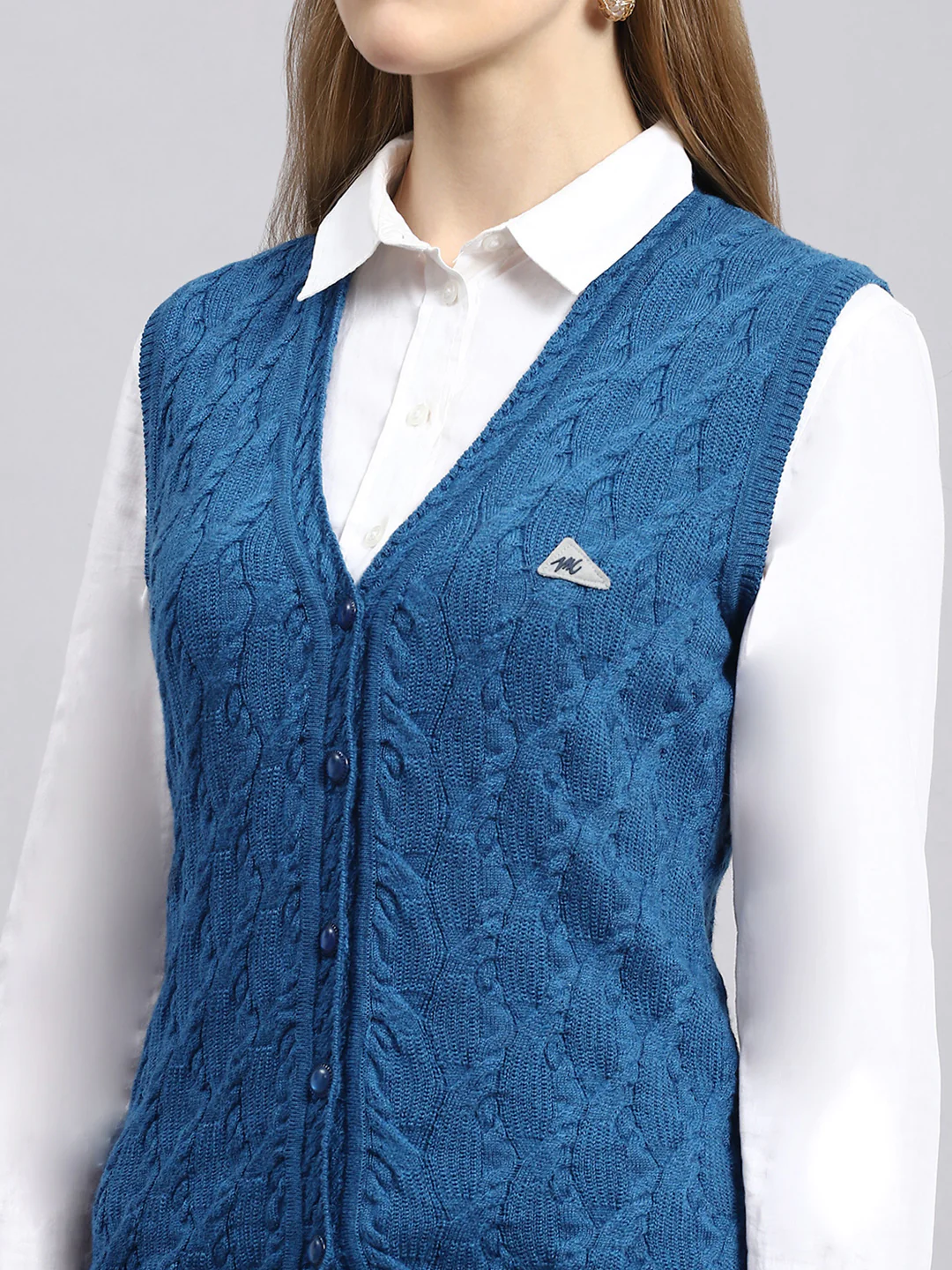 Women Blue Self Cardigan - Image 6