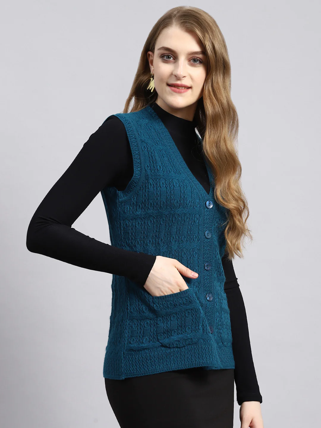Women Blue Self Cardigan - Image 2