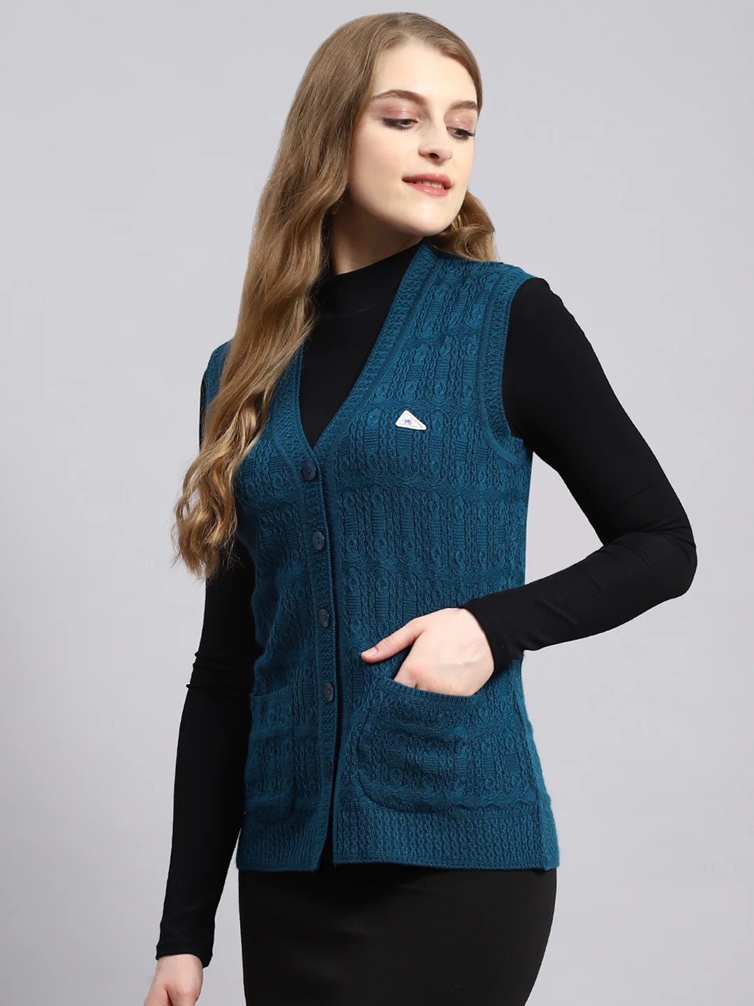 Women Blue Self Cardigan - Image 3