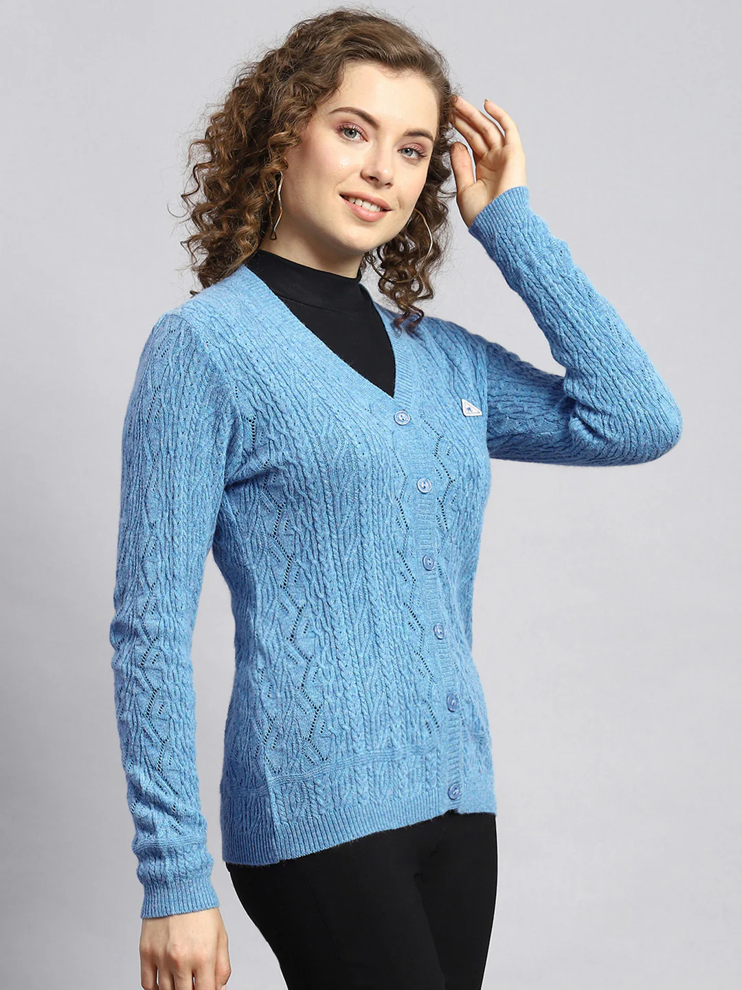Women Blue Self Cardigan - Image 3