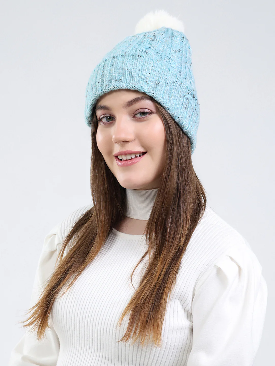 Women Blue Self Design Blend Wool Cap - Image 3