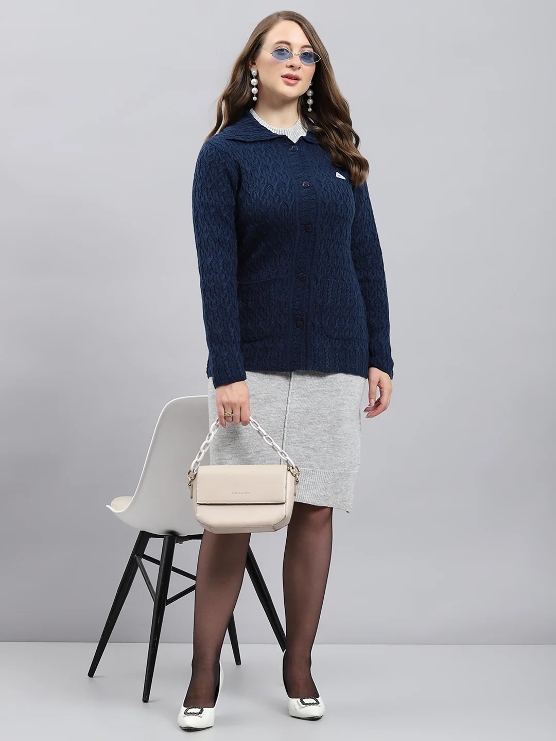 Women Blue Self Design Collar Full Sleeve Cardigan - Image 2