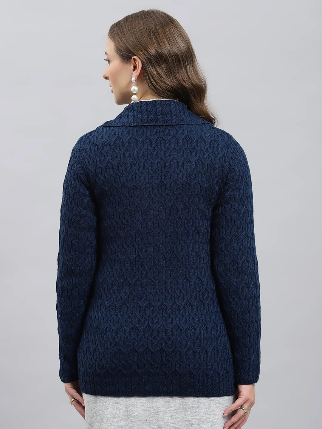Women Blue Self Design Collar Full Sleeve Cardigan - Image 5