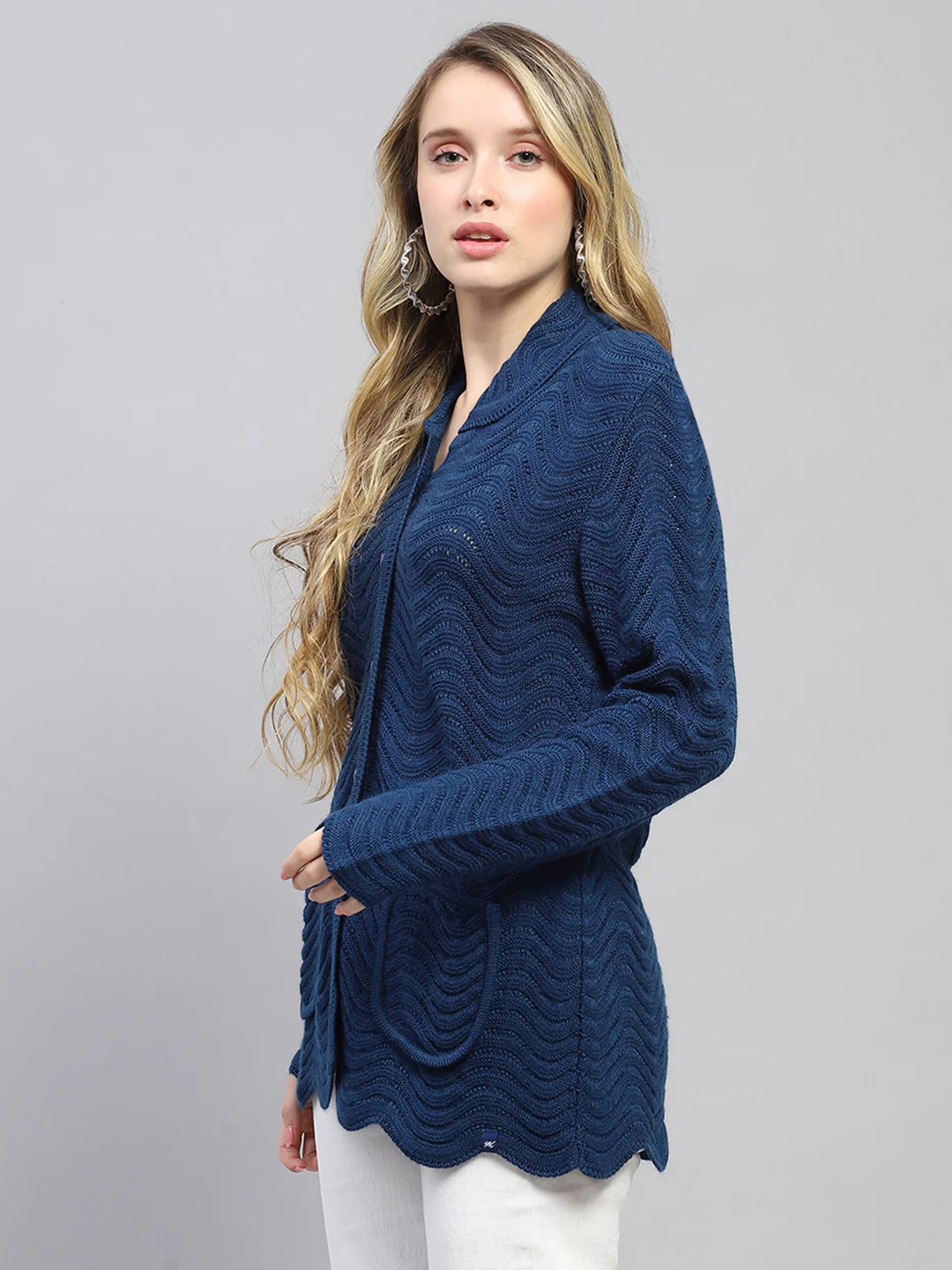 Women Blue Self Design Collar Full Sleeve Cardigan - Image 3