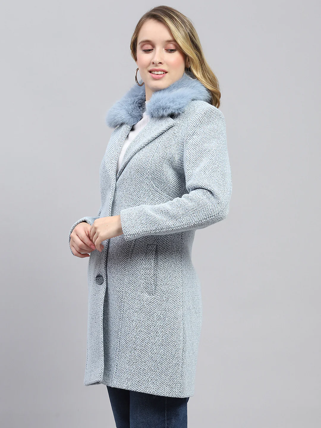 Women Blue Self Design Collar Full Sleeve Coat - Image 3