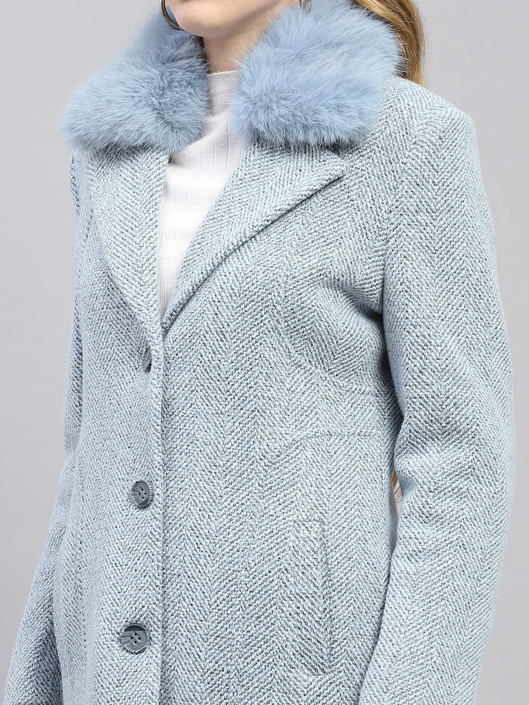 Women Blue Self Design Collar Full Sleeve Coat - Image 7