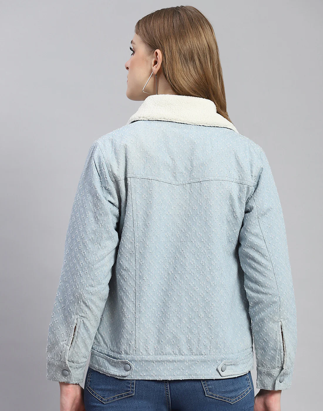Women Blue Self Design Collar Full Sleeve Jacket - Image 5
